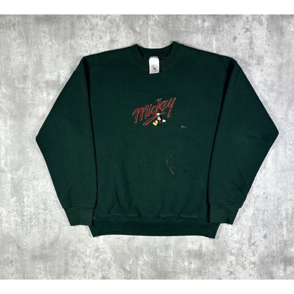 Vintage 90s Mickey Mouse Sweatshirt Green Embroidered Disney USA Mens L